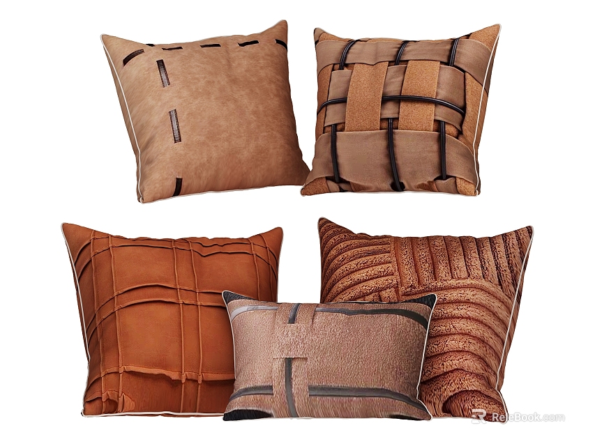 Brown Decorative Throw Pillows with Woven Patterns Stitched Details and Textured Surfaces 3d model 