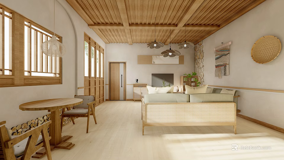 Cozy Natural Living Dining Room Interior With Wooden Ceiling Rattan Sofa And Dining Table 3d model 