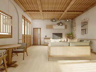 Cozy Natural Living Dining Room Interior With Wooden Ceiling Rattan Sofa And Dining Table 3d model