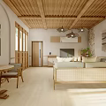 Cozy Natural Living Dining Room Interior With Wooden Ceiling Rattan Sofa And Dining Table