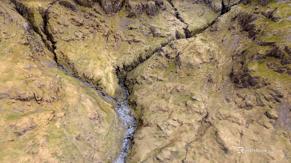 Scenic Mountainous Terrain With Flowing Stream Yellowish Green Textured Slopes And Visible Cracks 3d model 