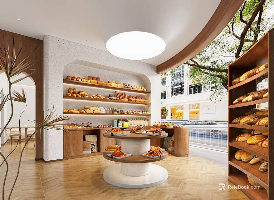Pastry Shop Interior With Wooden Shelves Round Display Table Large Windows And Fresh Breads 3d model 