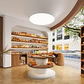 Pastry Shop Interior With Wooden Shelves Round Display Table Large Windows And Fresh Breads