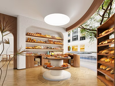 Pastry Shop Interior With Wooden Shelves Round Display Table Large Windows And Fresh Breads 3d model