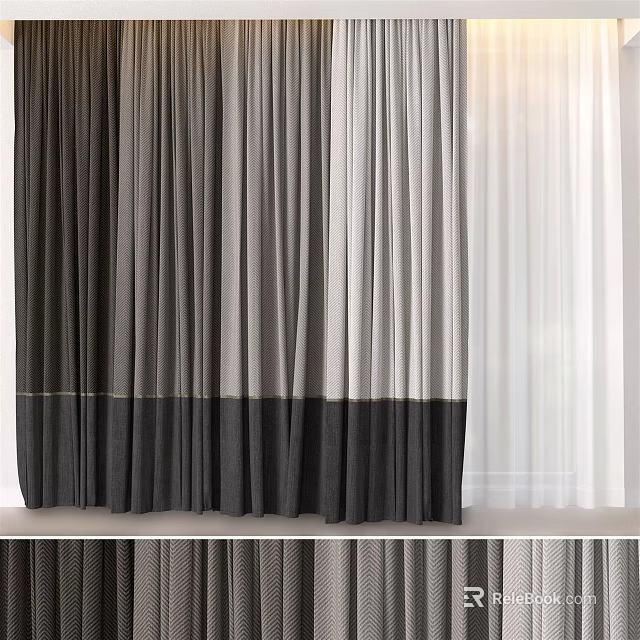 Modern Layered Curtains With Black Gray And White Color Block Design 3d model 