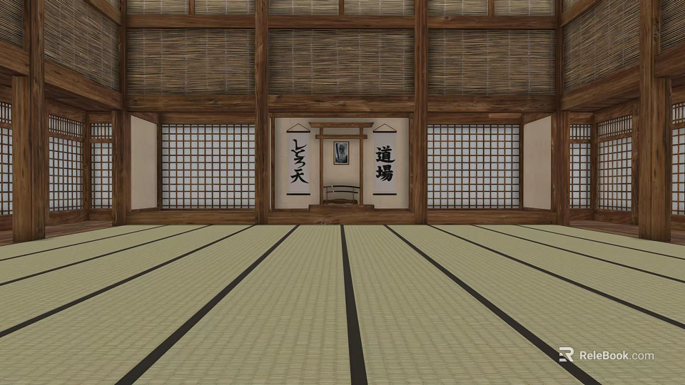 Traditional Japanese Cultural Center Featuring Wooden Structure Bamboo Walls Sliding Lattice Doors And Tatami Floors 3d model 