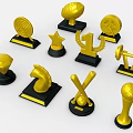 Decorative Golden Trophies And Medals With Various Shapes And Black Bases