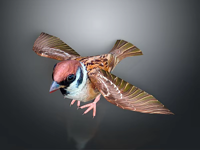 Flying Sparrow With Red Head And Brown White Feathers Spread Wings On Gradient Gray Background 3d model