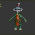Blue Skinned Fantasy Creature with Big Ears Red Hat and Red Gold Outfit Standing