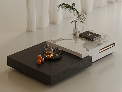 Modern Living Room Stacked Coffee Tables Black White Marble Top Green Plant Book Teapot Oranges 3d model