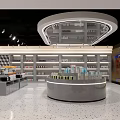 Modern Specialty Store Interior Featuring Central Display Counter Organized Shelves And Unique Lighting Design