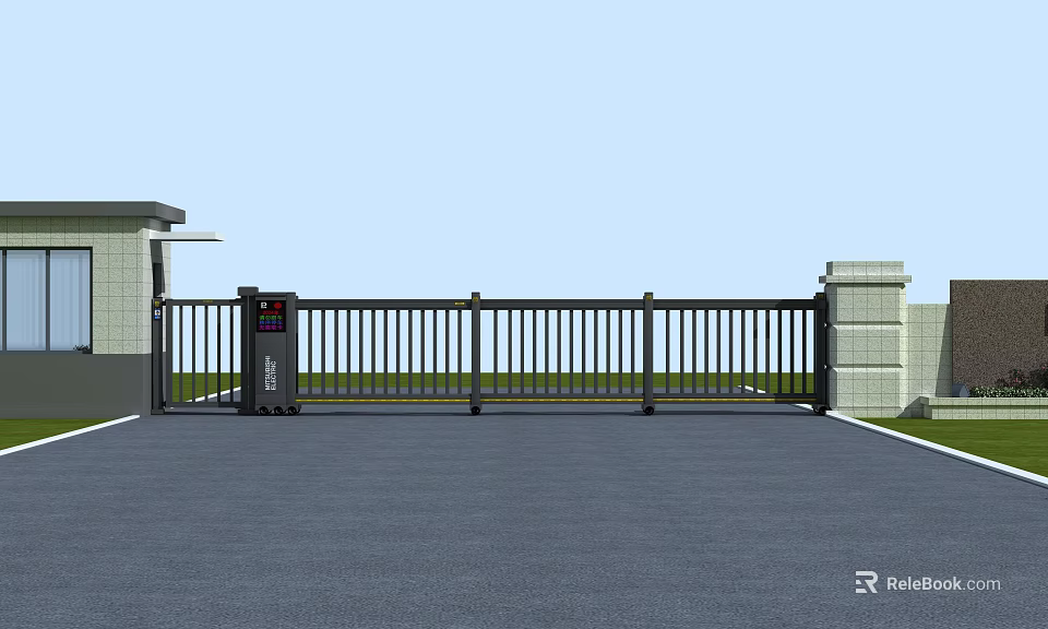 Modern Automatic Black Metal Folding Gate With Pillars And Paved Entrance Area 3d model 