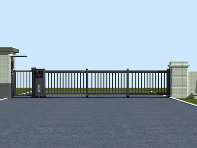 Modern Automatic Black Metal Folding Gate With Pillars And Paved Entrance Area 3d model