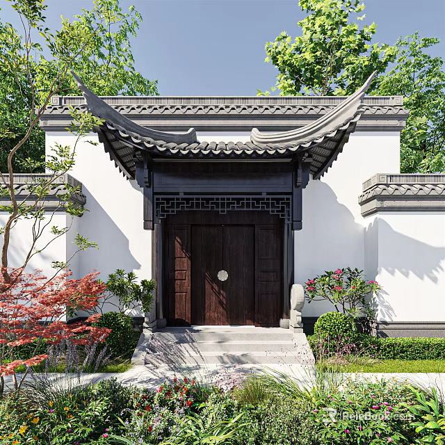 Chinese Style Entrance Gate with Traditional Roof White Walls and Dark Wooden Door 3d model 