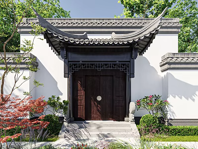 Chinese Style Entrance Gate with Traditional Roof White Walls and Dark Wooden Door 3d model