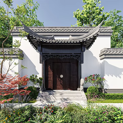 Chinese Style Entrance Gate with Traditional Roof White Walls and Dark Wooden Door 3d model