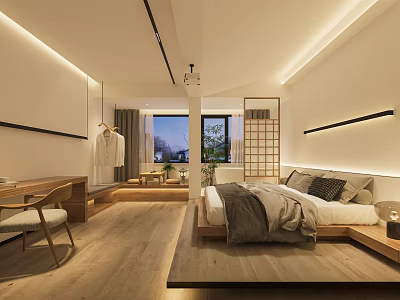 Modern Hotel Guest Room With Wooden Floor Platform Bed Desk Window Seating Soft Lighting 3d model