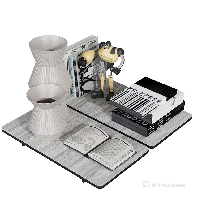 Decorative Ornament Set With White Vases Open Books Vintage Camera And Black Boxes 3d model 