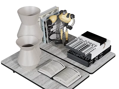 Decorative Ornament Set With White Vases Open Books Vintage Camera And Black Boxes 3d model