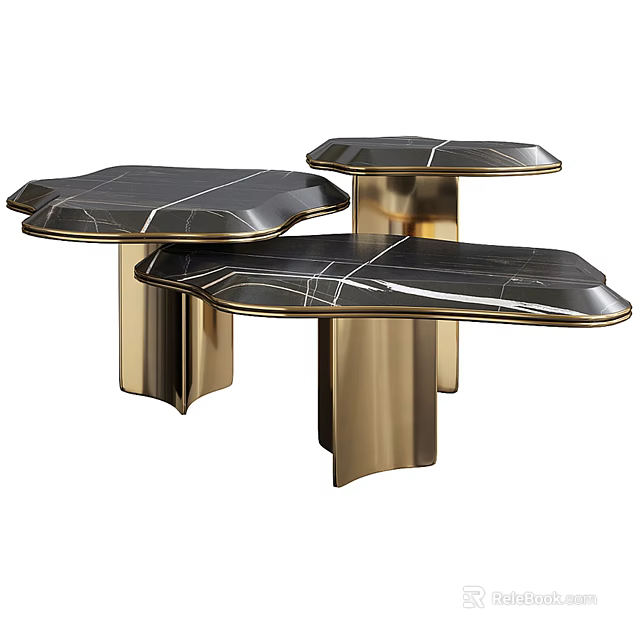 Modern Black Marble Coffee Tables With Gold Metal Base And Unique Shape Design 3d model 