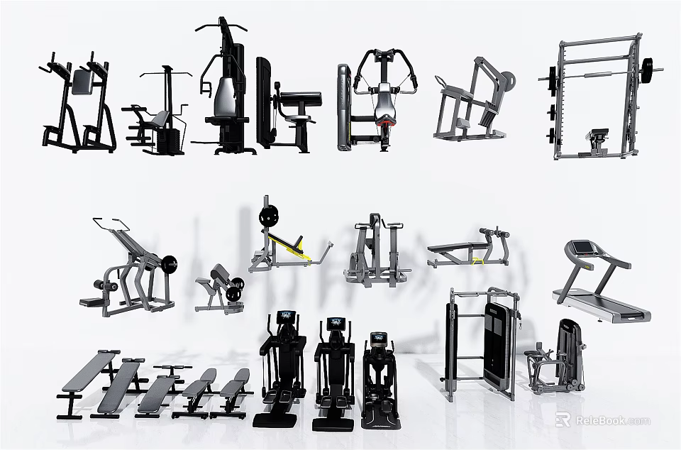 Various Types Of Sports Equipment Including Strength Training Machines And Fitness Gear 3d model 
