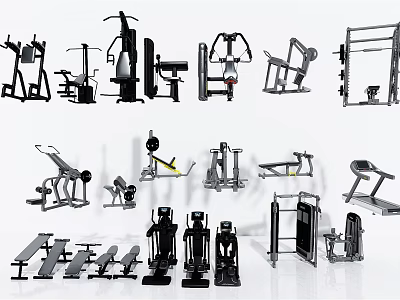Various Types Of Sports Equipment Including Strength Training Machines And Fitness Gear 3d model