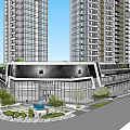 Modern High Rise Buildings With Central Circular Plaza And Green Pedestrian Area