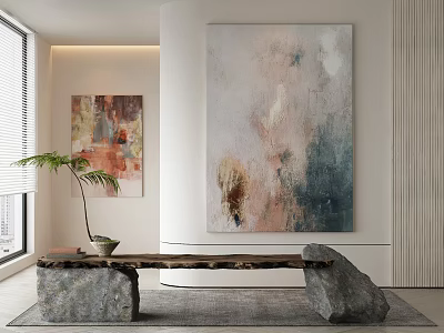 Abstract Painting As Modern Wall Art In Interior With Stone Bench And Potted Plant 3d model