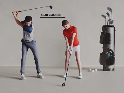 Two People Practicing Golf Swing With Clubs And Balls At Golf Course 3d model