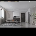 Minimalist Living and Dining Room Interior With Gray Sofa Open Kitchen And Pendant Lights