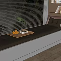 Cozy Bay Window Seat with Light Gray Cushion Pillows Wooden Tray Oranges Book and Plant