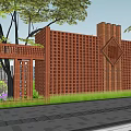 Red Brick Perforated Screen Wall With Central Geometric Pattern And Green Trees 3d model