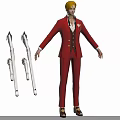 Game and Movie Character 3D Render with Blonde Hair in Red Suit and Silver Weapons