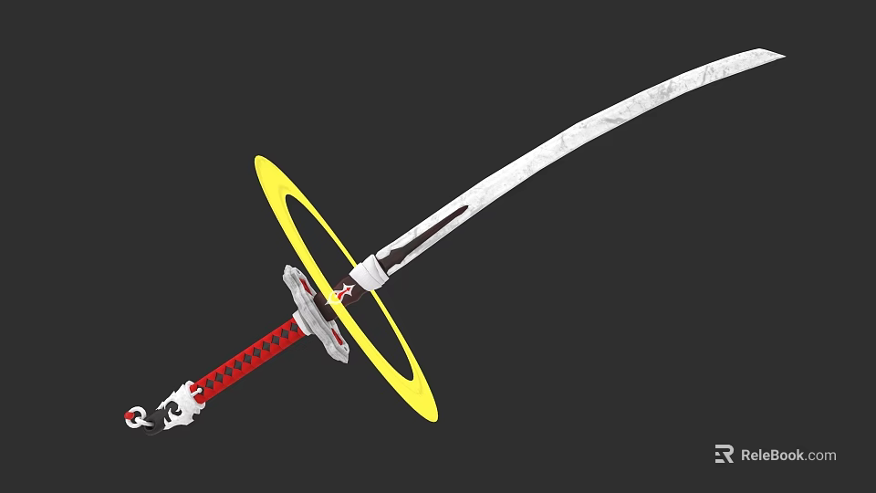Traditional Japanese Katana With Yellow Ring Red Hilt And White Blade 3d model 