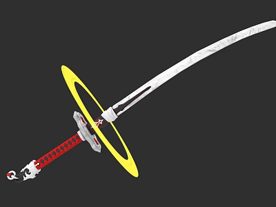 Traditional Japanese Katana With Yellow Ring Red Hilt And White Blade 3d model