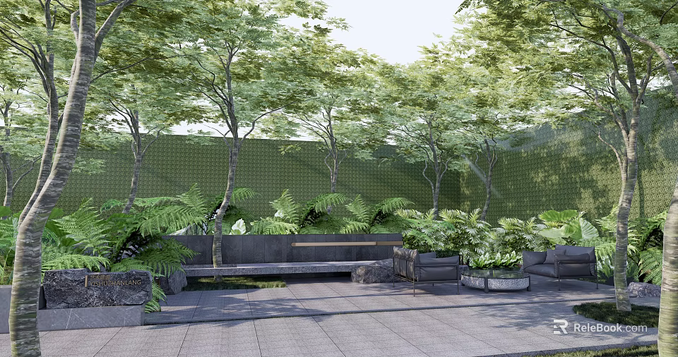 Lush Green Landscape Wall In Outdoor Space With Trees Ferns Bench And Paved Ground 3d model 