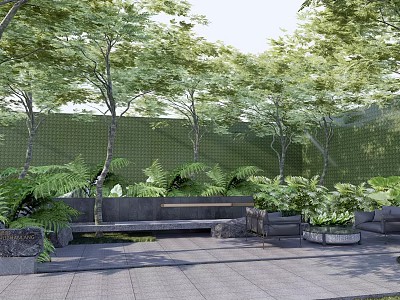 Lush Green Landscape Wall In Outdoor Space With Trees Ferns Bench And Paved Ground 3d model