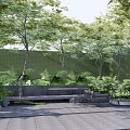 Lush Green Landscape Wall In Outdoor Space With Trees Ferns Bench And Paved Ground