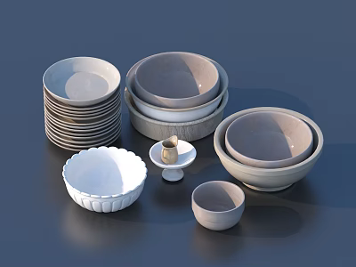 Various Sizes Stacked Ceramic Bowls And Plates Simple Design Daily Kitchen Use 3d model