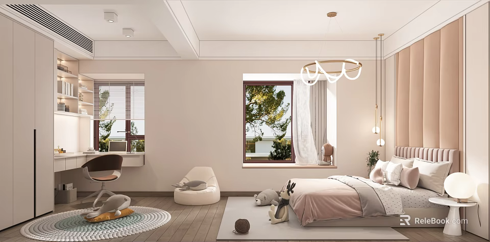 Elegant Modern Bedroom Interior With Pink Bed Window View Chandelier Small Sofa And Rug 3d model 