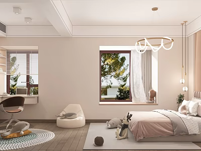 Elegant Modern Bedroom Interior With Pink Bed Window View Chandelier Small Sofa And Rug 3d model