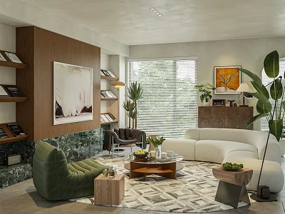 Stylish Living Room Interior With Wooden Shelves Large Painting Green Sofa Rug And Plants 3d model