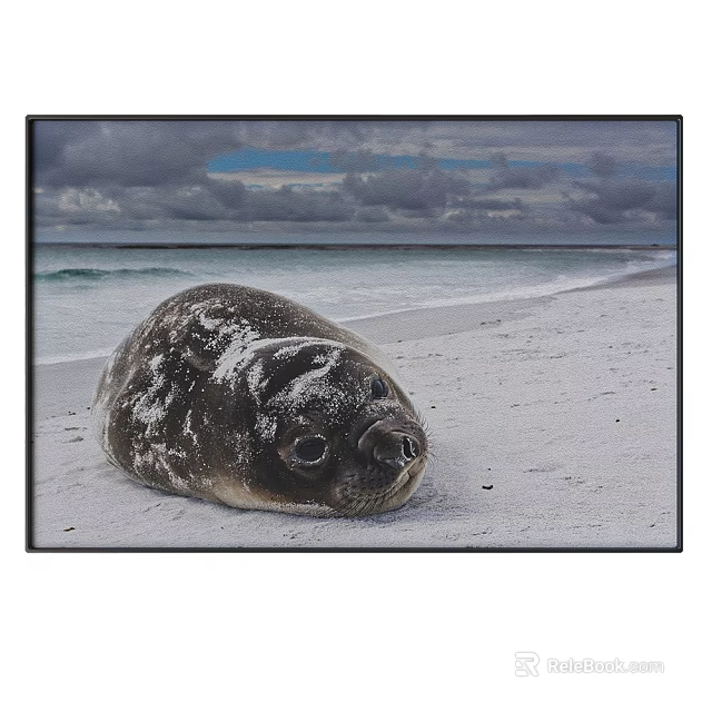 Scenic Landscape Painting Featuring Seal Lying On Sandy Beach With Ocean And Cloudy Sky 3d model 