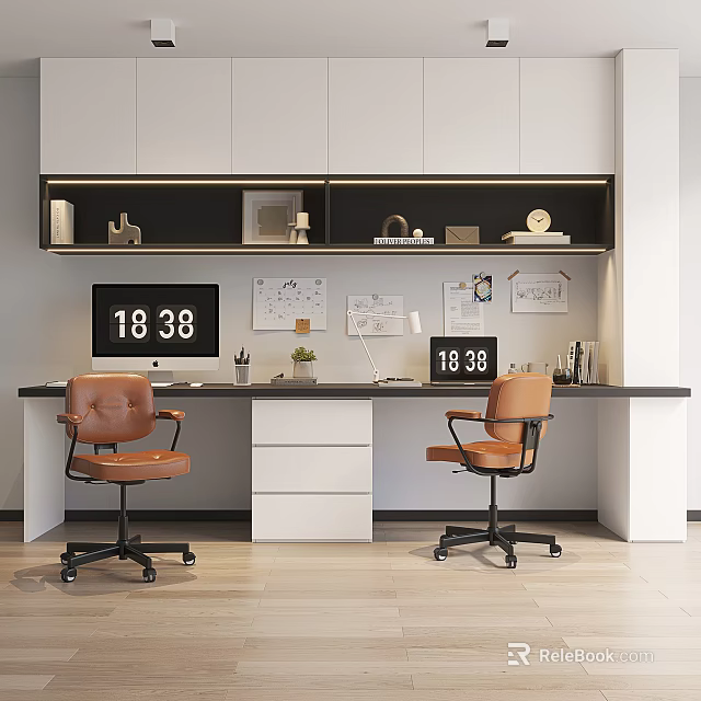 Modern Home Office Desk Setup With Leather Chairs Computer Monitor Wall Shelf And Decorative Items 3d model 