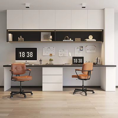 Modern Home Office Desk Setup With Leather Chairs Computer Monitor Wall Shelf And Decorative Items 3d model