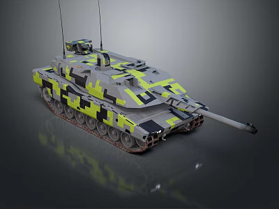 Camouflaged Military Tank With Cannon Tracks And Antennas On Dark Surface 3d model