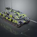 Camouflaged Military Tank With Cannon Tracks And Antennas On Dark Surface