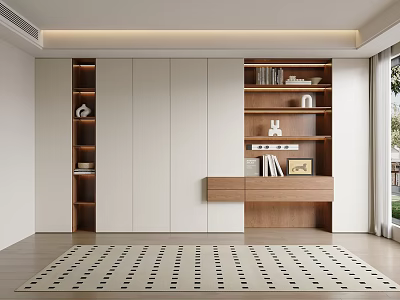 Modern Bookcase Interior Design With Wooden And White Panels Open Closed Shelves And Decorative Books 3d model