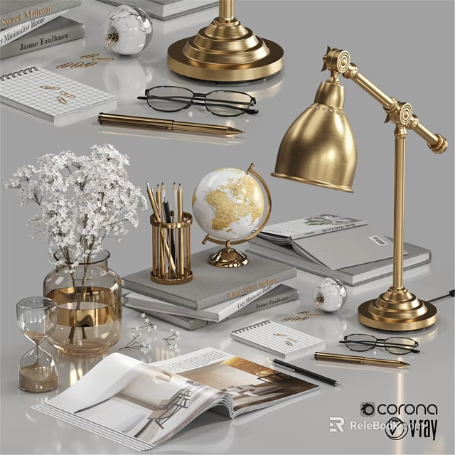 Decorative Accessories Set Featuring Gold Lamp Globe White Flowers Books And Stationery 3d model 