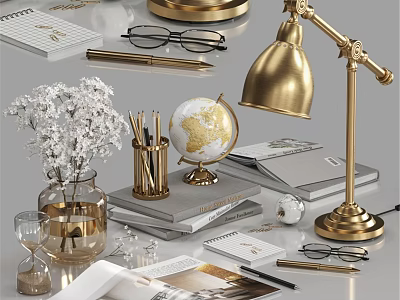 Decorative Accessories Set Featuring Gold Lamp Globe White Flowers Books And Stationery 3d model